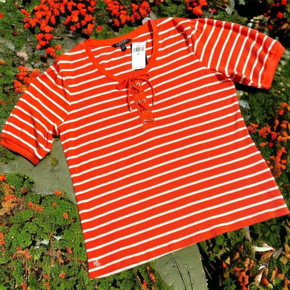 NEW-Ralph Lauren XL Womens Top Waffle-Knit Orange Striped Puff-Sleeve Shirt-$79 - Picture 8 of 11